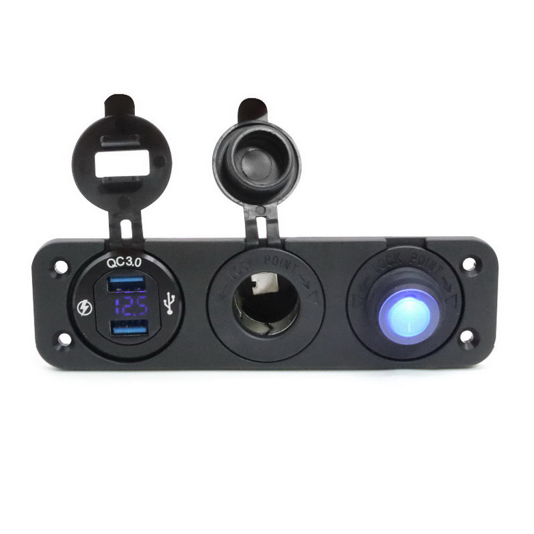 三孔膠板裝鋁殼車充帶電壓-無燈母座-防水小開關(guān)